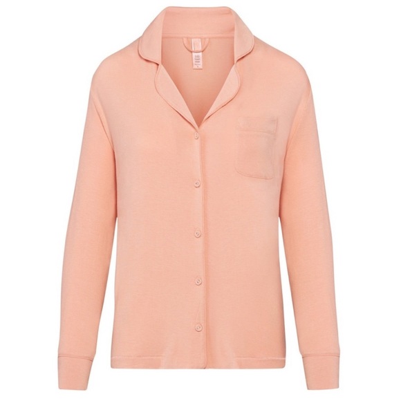 SKIMS peach ribbed super soft & stretchy button up pajama top size 2X NWOT - Picture 2 of 13